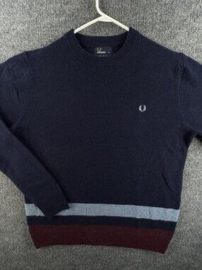Fred Perry Pullover Logo XL Sweater Blue Red Crew Neck Wool Striped Designer